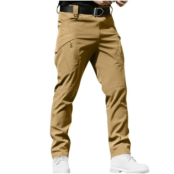 Mens Slim Fit Cotton Stretch Chino Pants Waterproof Multi Pocket Work Pants Brown XXL
