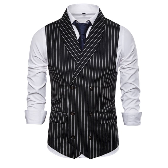 Mens Slim Fit Double Breasted Suit Waistcoat U-Neck Pinstripe Formal Suit Vest for Wedding, Business, Evening Events Adjustable Back Formal Vest