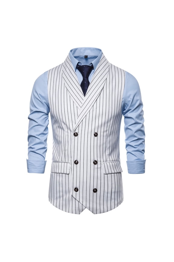 Mens Slim Fit Double Breasted Suit Waistcoat U-Neck Pinstripe Formal Suit Vest for Wedding, Business, Evening Events Double Breasted Groom Vest