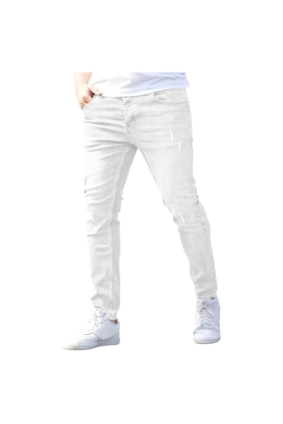 Mens Slim Fit Jeans Stretch Distressed Ripped Denim Pants for Men Straight Comfort Flex Waist Casual Denim Pants Sizes S-2XL White