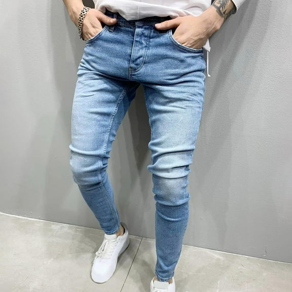 Mens Slim Fit Jeans with Pockets Stretchy Skinny Mid Waisted Denim Pants Casual Solid Comfort Full Length Regular Washed Jean Trousers