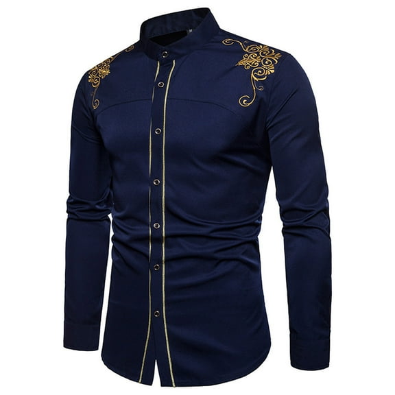 Mens Slim Fit Long Sleeve Button Down Dress Shirts Tops with Embroidery