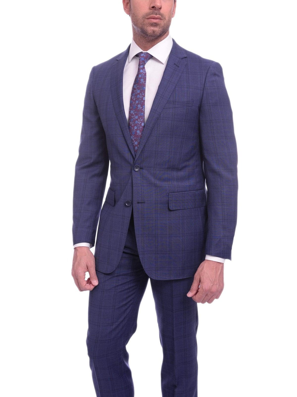 Navy Blue Men's Slim Fit Two Button Vested Suit - Solid Basic Color