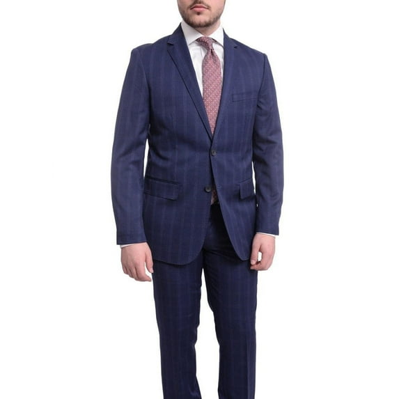 Mens Slim Fit Navy Blue With Blue & Maroon Windowpane Two Button Wool Suit