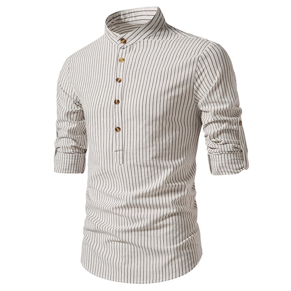 Mens Slim-Fit Shirts Business Casual Long Sleeve T-Shirts Button Stand Collared Pullover Stripe Printed Breathable Office Work Tees Tops