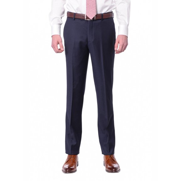 Mens Slim Fit Solid Navy Blue Flat Front Wool Dress Pants