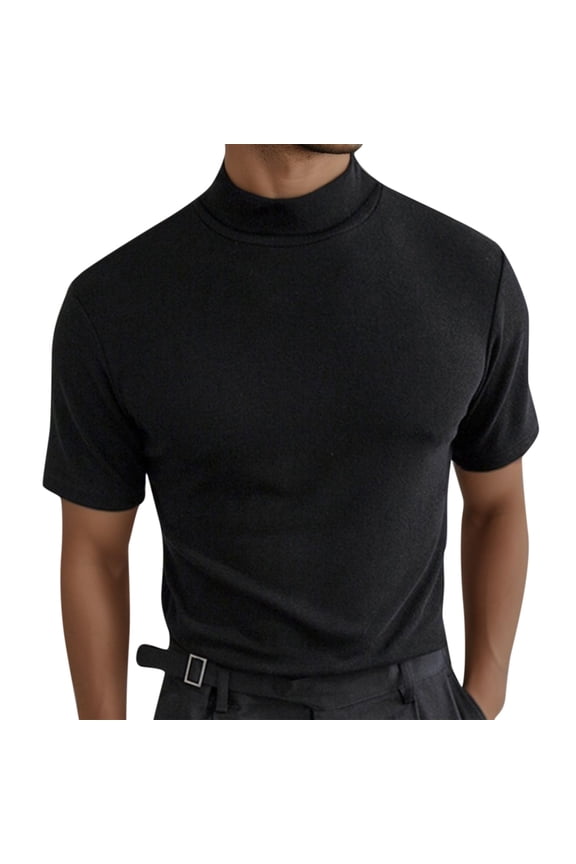 Mens Slim Fit Solid T Shirt High Neck Short Sleeve Neck Tee Athletic Muscle Top Stretchy Base Layer Soft Breathable Summer L