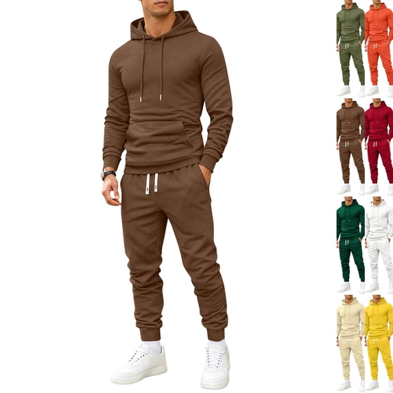 Mens Slim Fit Sweatsuit 2 Piece Outfit Long Sleeve Drawstring Pullover Hooded Top Cuffed Jogger Pants 2026 Sports Tracksuit Coffee L
