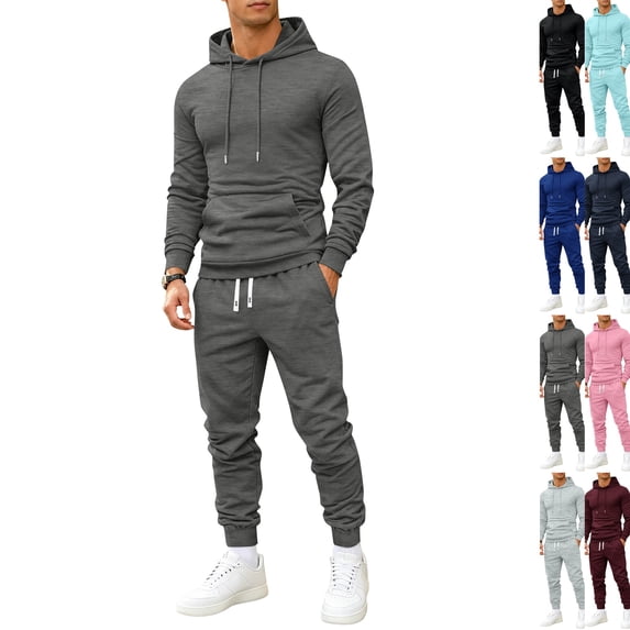 Mens Slim Fit Sweatsuit 2 Piece Outfit Long Sleeve Drawstring Pullover Hooded Top Cuffed Jogger Pants Sports Tracksuit Dark Gray XXL