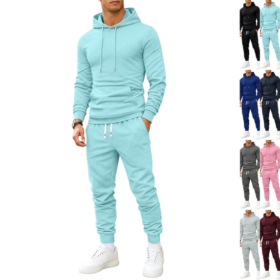 Mens Slim Fit Sweatsuit 2 Piece Outfit Long Sleeve Drawstring Pullover Hooded Top Cuffed Jogger Pants Sports Tracksuit Light Blue XL
