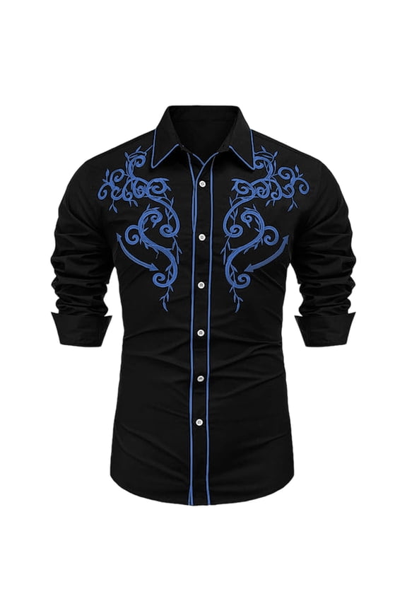 Mens Slim Fit Western Shirt Long Sleeve Point Collar Button Down Top Distressed Rugged Denim Work Blouse Blue