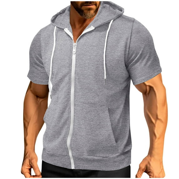 Mens Slim Fit Zip up Hoodie Short Sleeve Thin Jacket Full Zip Sweatshirt with Pocket Gray XXL