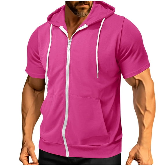 Mens Slim Fit Zip up Hoodie Short Sleeve Thin Jacket Full Zip Sweatshirt with Pocket Hot Pink M