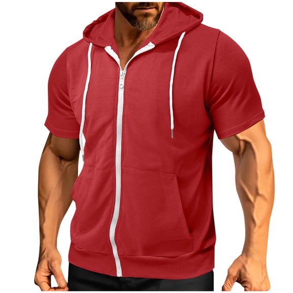 Mens Slim Fit Zip up Hoodie Short Sleeve Thin Jacket Full Zip Sweatshirt with Pocket Red S
