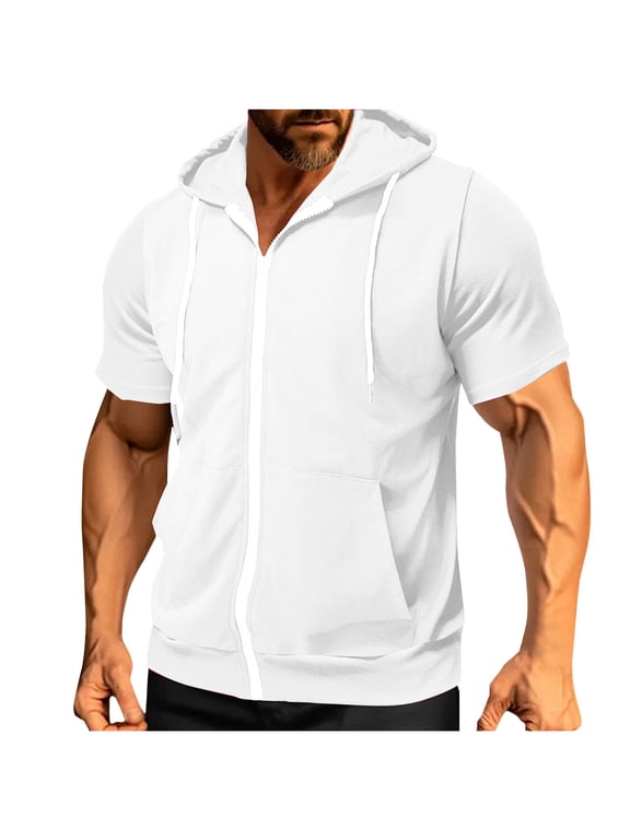 Mens Slim Fit Zip up Hoodie Short Sleeve Thin Jacket Full Zip Sweatshirt with Pocket White L