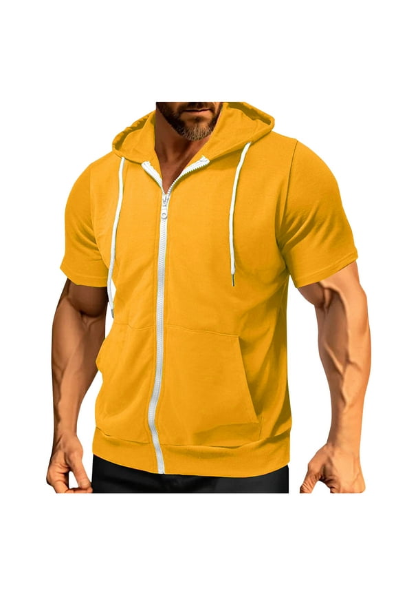 Mens Slim Fit Zip up Hoodie Short Sleeve Thin Jacket Full Zip Sweatshirt with Pocket Yellow M