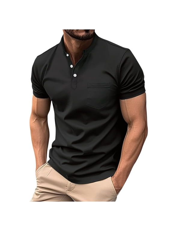 Mens Slim Fitted Golf Shirts Solid Quarter Button Short Sleeve Henley Shirt Moisture-Wicking Lightweight Comfortable Pull-On Tee Tops