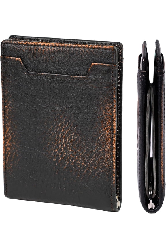 Mens Slim Wallet with Clip Minimalist Bifold Front Pocket wallet for Men RFID Blocking Full Grain Leather with Hand Burnished