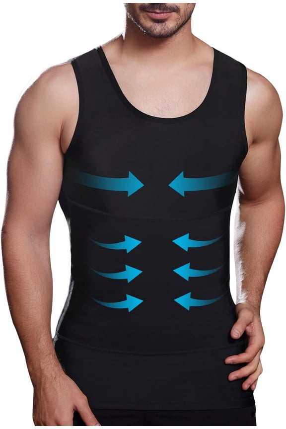 Mens Slimming Compression Shirt, Body Shaper Workout Tank Top, Gynecomastia Tummy Control Undershirts - Change in Seconds