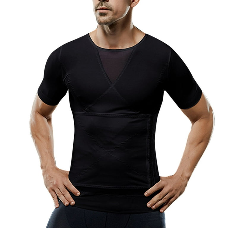 Mens Slimming Shapewear with Zipper Short Sleeve Shirt Top Body Shaper Net  Nylon Compression T-shirts Black 2XL