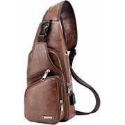Mens Sling Bag, Leather Sling Bag with USB Charging Port Waterproof Casual Daypack Chest Crossbody Bag,Browm