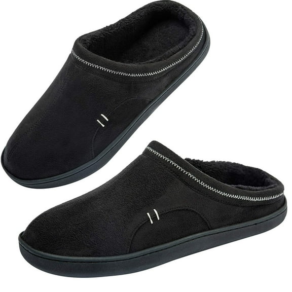 Mens Slippers Memory Foam Comfort Fuzzy Plush Lining Slip On House Shoes Indoor Outdoor Clog Black, Size 13-14