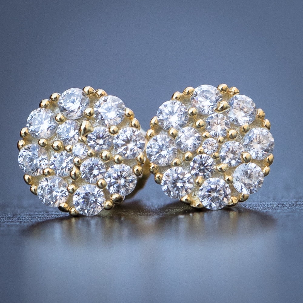 Mens Small Round 14k Yellow Gold Plated 925 Sterling Silver Screw Back Post Micro Tiny Hip Hop Circle Shape Iced 5A CZ Flower Cluster Earrings For Men Women