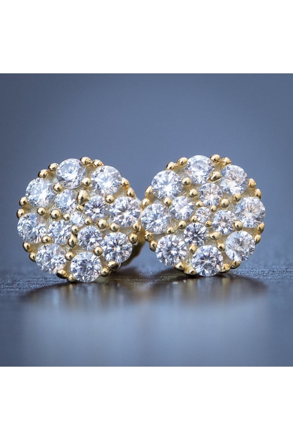 Mens Small Round 14k Yellow Gold Plated 925 Sterling Silver Screw Back Post Micro Tiny Hip Hop Circle Shape Iced 5A CZ Flower Cluster Earrings For Men Women