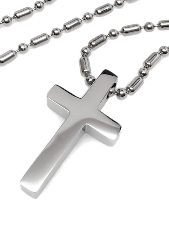 Mens Small Simple Stainless Steel Cross Religious Pendant Necklace Bead Chain