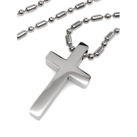 Mens Small Simple Stainless Steel Cross Religious Pendant Necklace Bead Chain