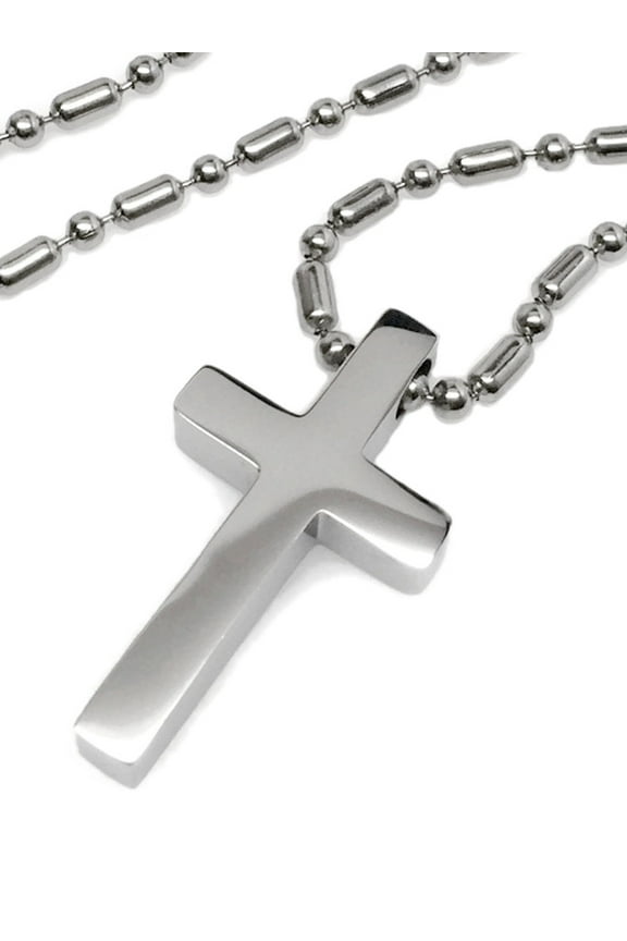 Mens Small Simple Stainless Steel Cross Religious Pendant Necklace Bead Chain