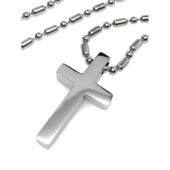 Mens Small Simple Stainless Steel Cross Religious Pendant Necklace on Steel Bead Chain