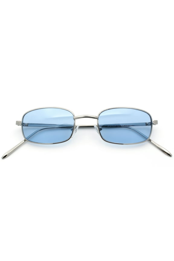 Mens Small Snug Narrow Rectangular Pimp Metal Rim Sunglasses Silver - Blue
