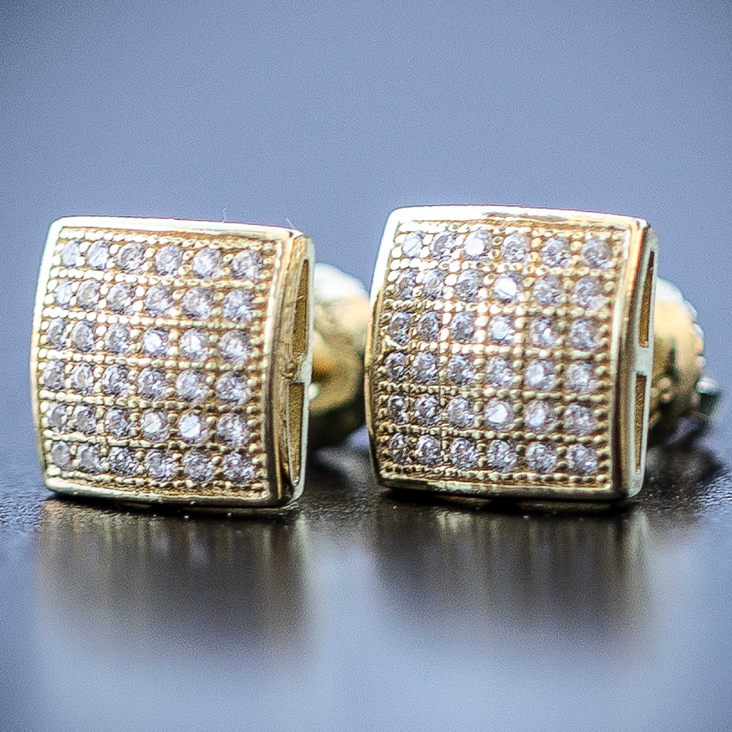 Mens Small Square Iced 5A Cz Stone 14K Yellow Gold Plated 925 Sterling Silver Hypoallergenic Hip Hop Cubic Zirconia Screw Back Post Earrings