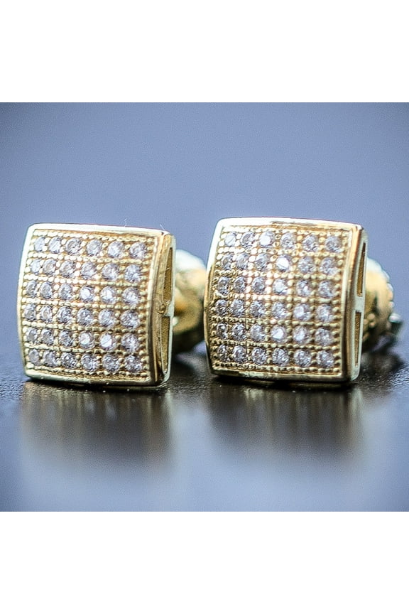 Mens Small Square Iced 5A Cz Stone 14K Yellow Gold Plated 925 Sterling Silver Hypoallergenic Hip Hop Cubic Zirconia Screw Back Post Earrings