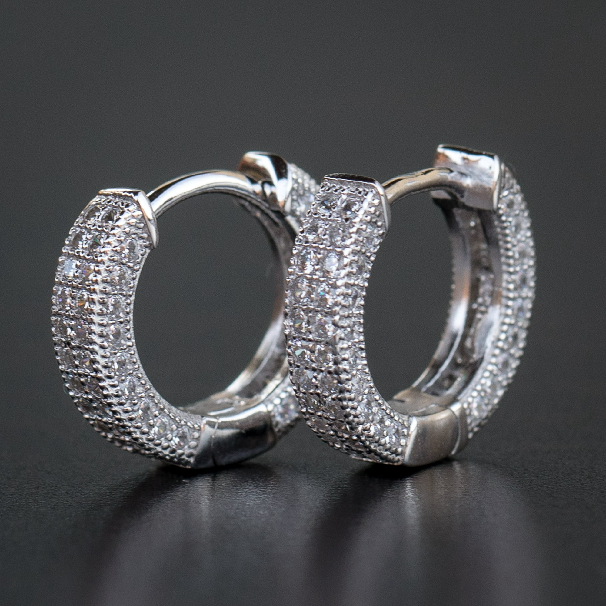 Small Size Mens White Gold Plated 925 Sterling Silver CZ Hoop Earrings