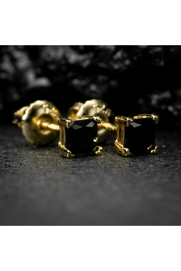 Mens Small Yellow Gold 925 Sterling Silver Tiny Square Black Onyx Princess Cut Stud Earrings