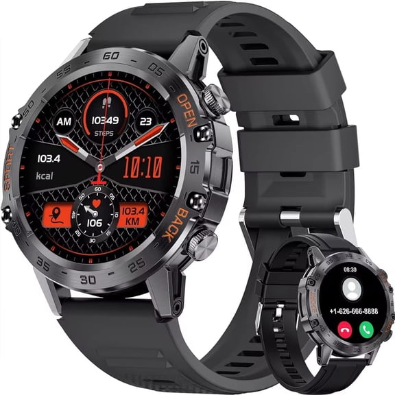 Mens Smart Watch Bluetooth Answer/Make Call for Android iOS Phone Long BTRY 1.39" Outdoor Military Grade Sport Activity Fitness Tracker Black Silicone Strap Music Smartwatch Health Monitor