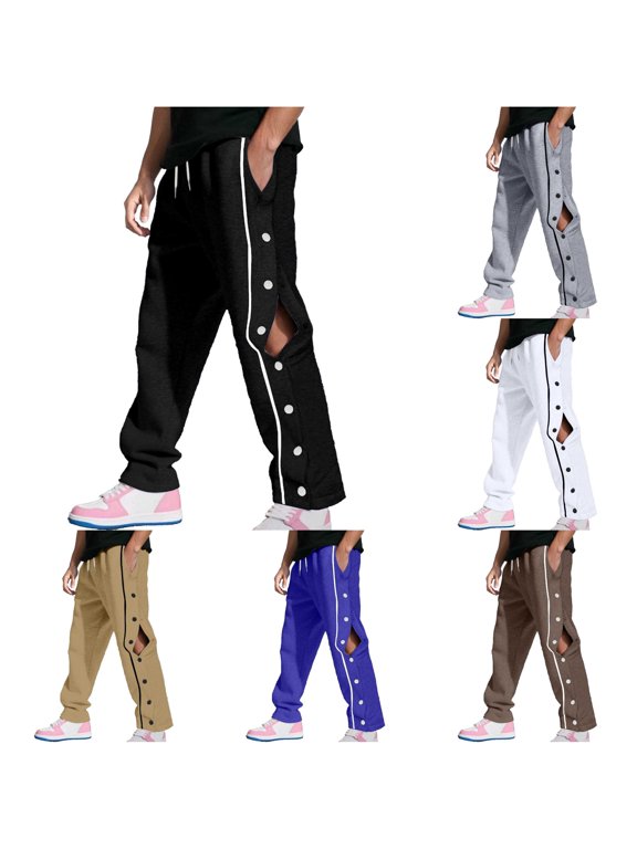 Mens Snap-Button Sweatpants Loose Fit Track Pants Solid Color Casual Trousers With Button Front Design For Fall Winter And Daily