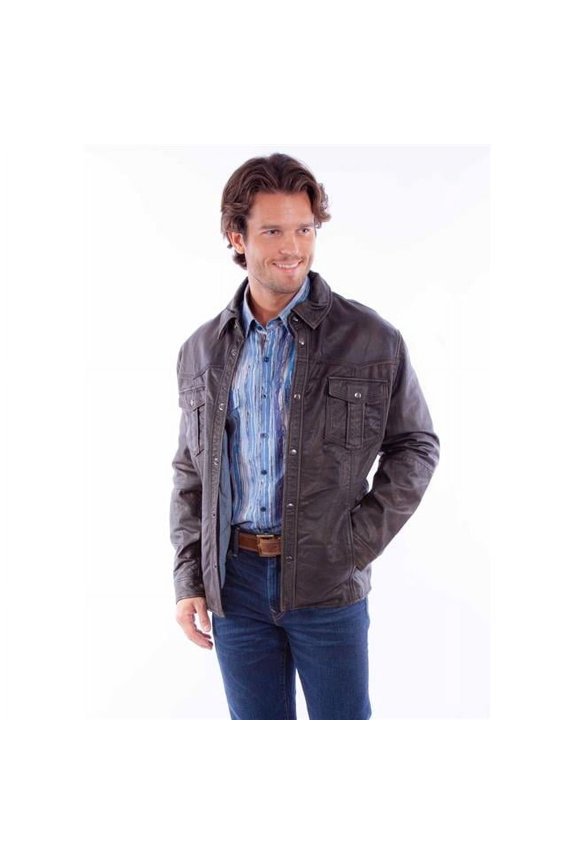 Mens Snap Frongt Leather Jacket, Black - 2XL