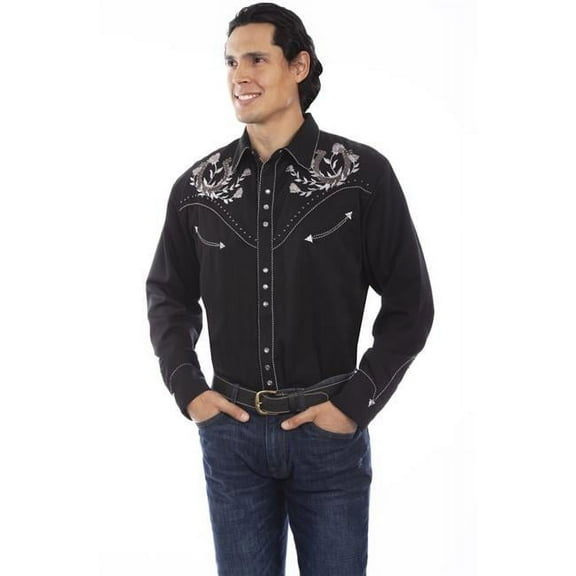 Mens Snap Front Shirt with Horseshoes, Studs, & Roses - Black, Extra Large