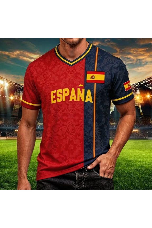 Mens Soccer Jersey Men's Spain Print Short Sleeve V Neck Summer Casual Top Tee Jersey Shirt Red XXXL
