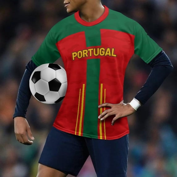 Mens Soccer Shirt Portugal Jersey Raglan Tops Short Sleeve Graphic T Shirt All Over Star Print Tee Fan Casual Tops TeeL