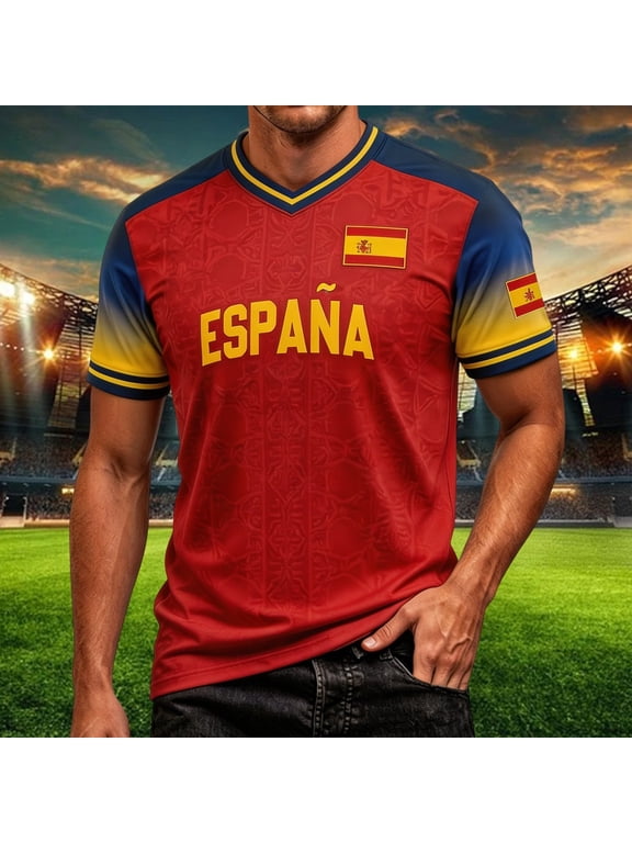 Mens Soccer Shirt Spain Raglan Tops Short Sleeve Summer Graphic Tee Casual V Neck T Shirt Sports Fan Casual Tops Tee L