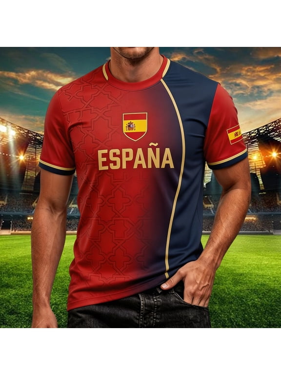 Mens Soccer Shirt Spain Raglan Tops Short Sleeve Summer Graphic Tee Casual V Neck T Shirt Sports Fan Casual Tops Tee S