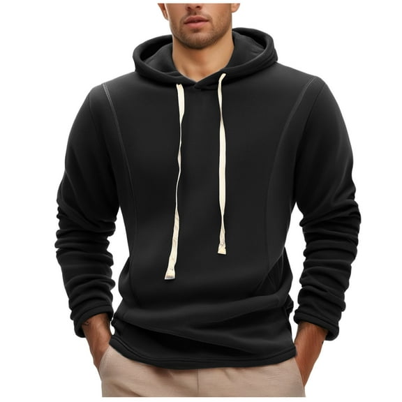 Mens Soft Cotton Fleece Hoodie Solid Color Classic Hooded Drawstring Sweatshirts Casual Fall Winter Sweater Tops (L, Black)