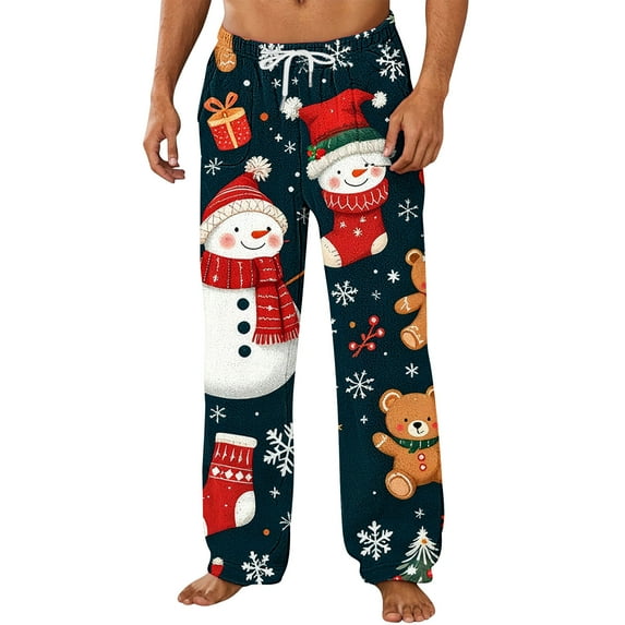 Mens Soft Flannel Christmas Pajama Pants Cute Xmas Tree Reindeer Snowflake Straight Lounge Pants
