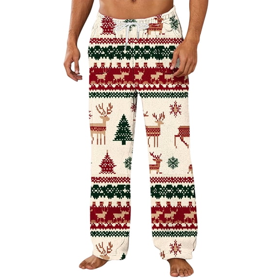 Mens Soft Flannel Christmas Pajama Pants Cute Xmas Tree Reindeer Snowflake Straight Lounge Pants