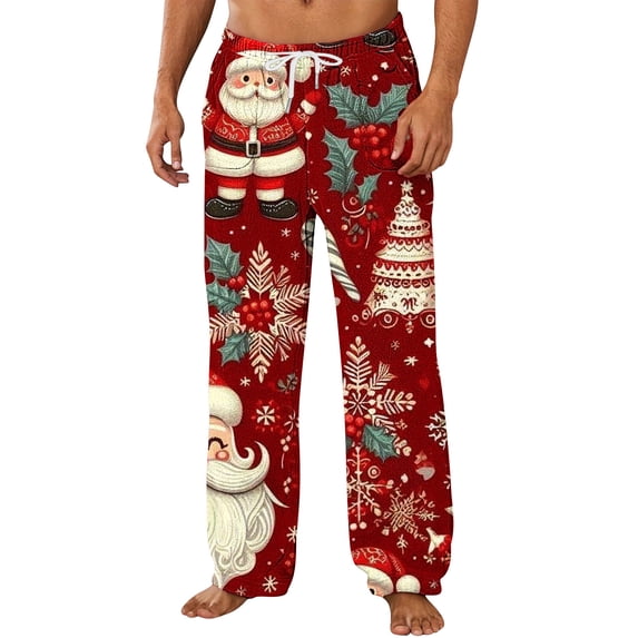 Mens Soft Flannel Christmas Pajama Pants Cute Xmas Tree Reindeer Snowflake Straight Lounge Pants