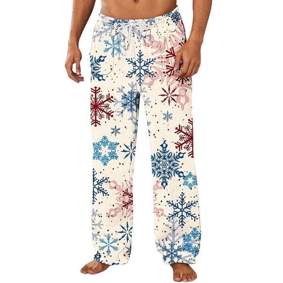 Mens Soft Flannel Christmas Pajama Pants Cute Xmas Tree Reindeer Snowflake Straight Lounge Pants